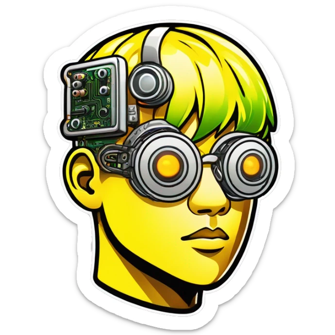 Neon yellow short hair Asian male cyborg head with silver steampunk goggles and circuits sticker