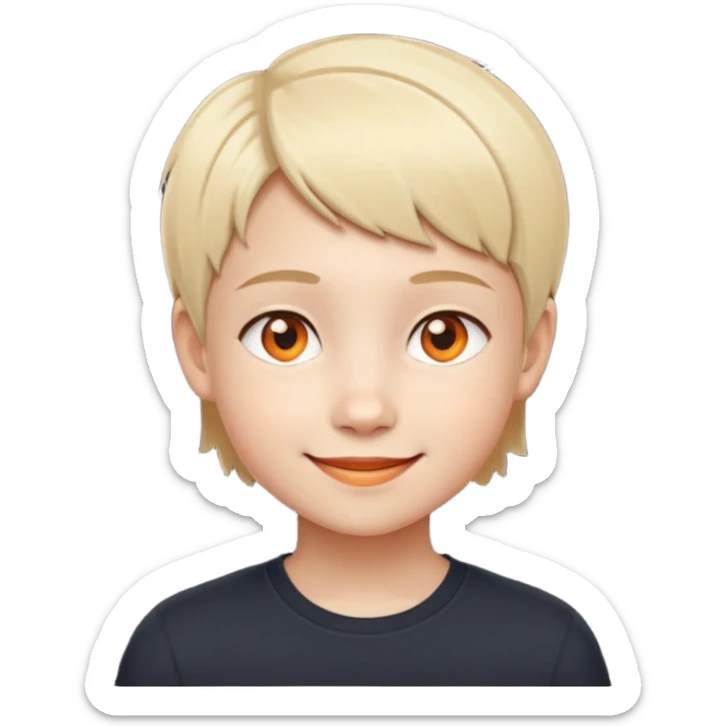 "- Nam
- 10 tuổi
- Da trắng
- Tóc ngắn, vàng
- Cười tươi
- Mắt cam
" sticker