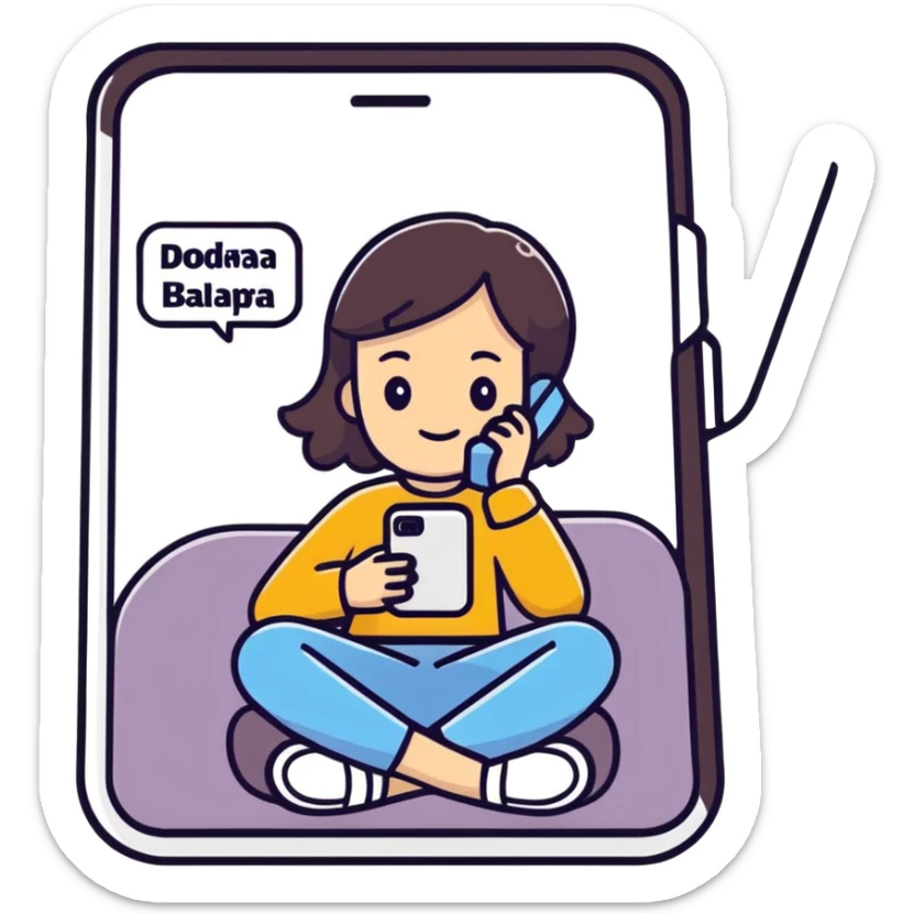 A cartoon-style sticker of a girl sitting in a phone with the text "Доделаем завтра." Use the provided photo as a reference for the character. Add a white outline to the sticker. Style the text to match the cartoon style. sticker