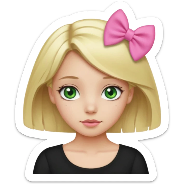 blonde girl middle part, pink bow in hair, plain black top, green eyes. sticker