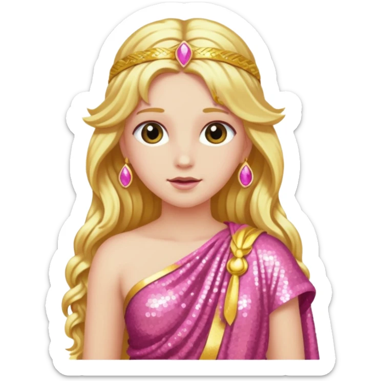 Venus Love Goddess with long golden hair, pink sequin toga sticker