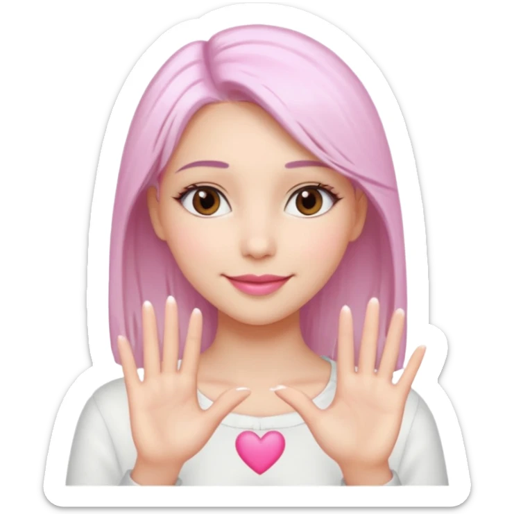 Beautiful girl. Platinum-colored hair just below the shoulders, straight, brown eyes, sweet smile. Hands in the shape of a heart. sticker