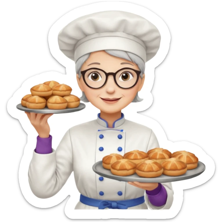 Older female pastry chef – round glasses, oven mitts on, holding a tray of pastries.

 sticker