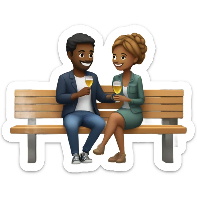 couple sitting closely on a park bench, enjoying a romantic moment. One person is holding a croissant, and the other is holding a glass of Prosecco. Surround them with a relaxed atmosphere, such as greenery or flowers, to create a cozy and intimate vibe sticker