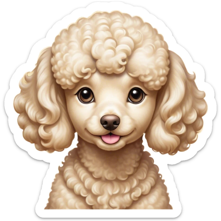 Cinematic Cute Cream Poodle Portrait Emoji, Head tilted playfully and inquisitively, showcasing a bouncy, curly cream Fur with a luminous sheen, round, sparkling warm eyes filled with curiosity, Simplified yet irresistibly adorable features, highly detailed, glowing with a warm, friendly glow, high shine, affectionate and lively, stylized with a touch of whimsy, bright and endearing, soft glowing outline, capturing the essence of a mischievous yet loving companion, so playful it feels like it could bounce out of the screen and into your arms! sticker