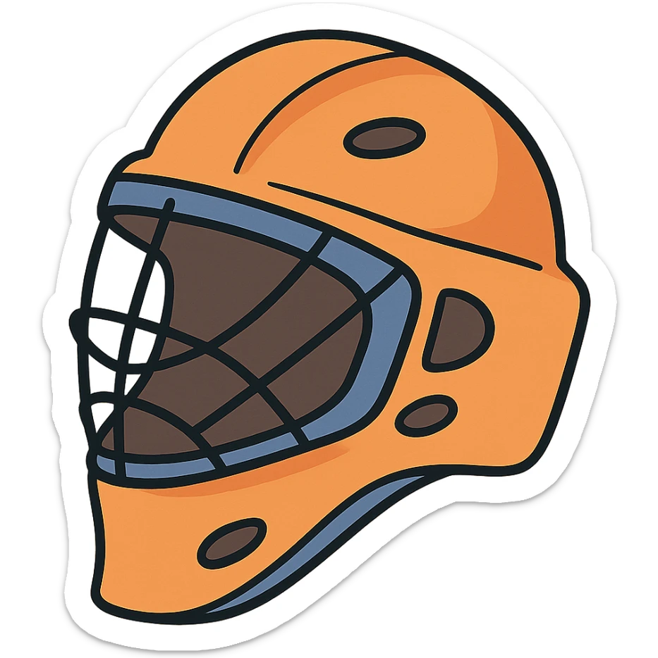 simple orange field hockey goalie helmet with royal blue trim, flat illustration style sticker