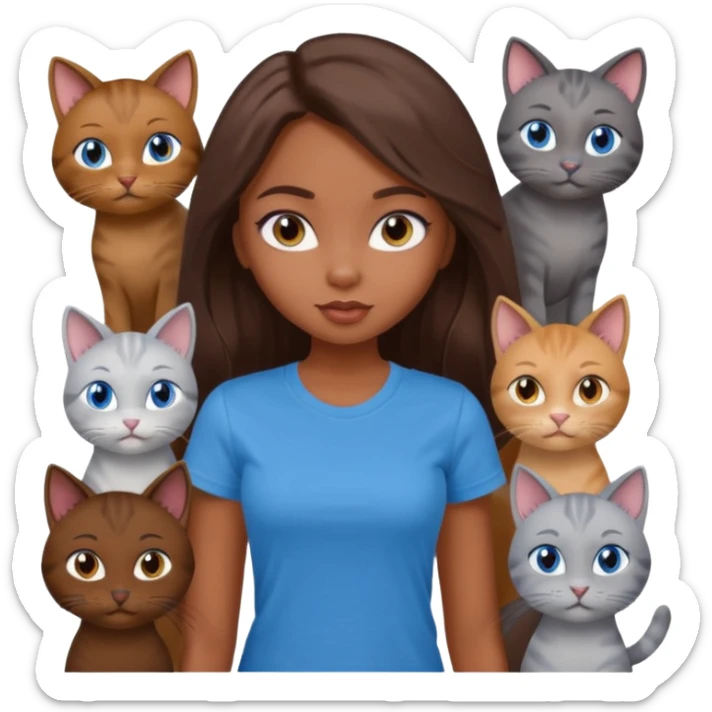 a pretty bratz dusky girl with long brown hair, blue eyes with six cats nd wearing a grey tshirt sticker