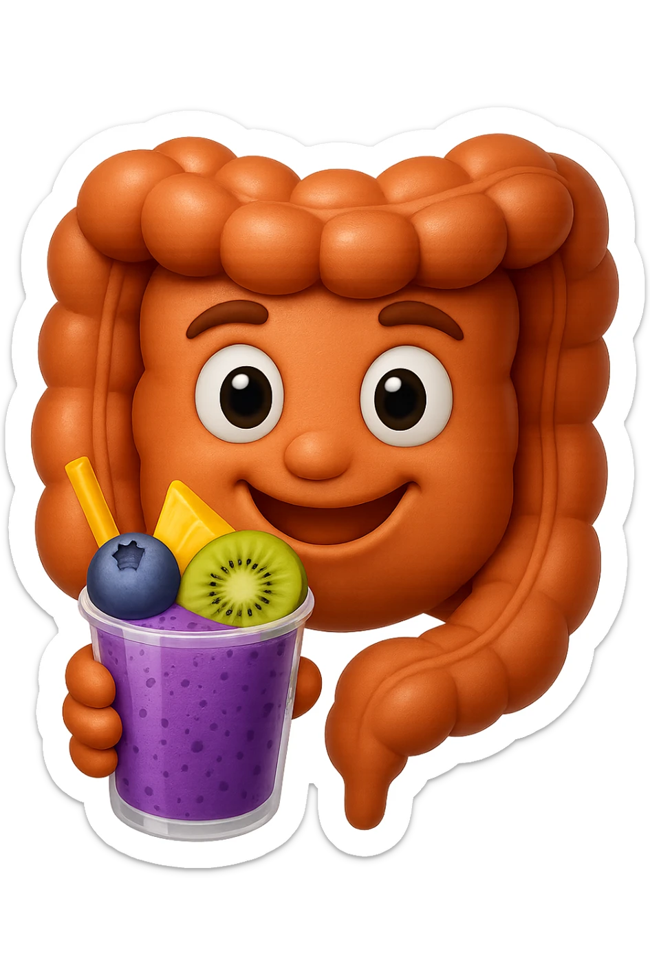 EMOJI STILE IPHONE DI un intestino umano anatomico che beve un frullato di mirtilli, ananas, kiwi, fagli anche la parte bianca degli occhi, non solo le pupille, REALISTICo 4K sticker