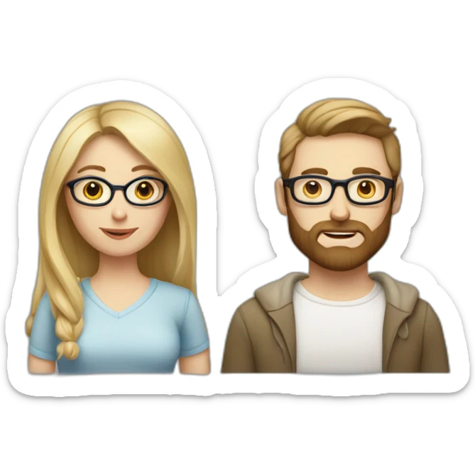 White-skinned woman without glasses with big eyes, blonde and square hair, and her husband with white skin and glasses with brown beard and hair sticker