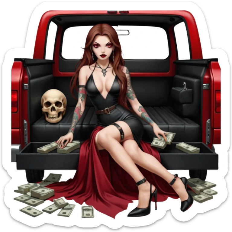 Lilith symbol red eye seductress evil long brown haired sexy succubus woman with leather long dress with slit, sitting in Big Large F350 pickup truck. Black Platform high heels on feet. Tattoo sleeve arms, seat full of stacks of cash, and a man dead human skull of her enemies and a gun in other hand sticker