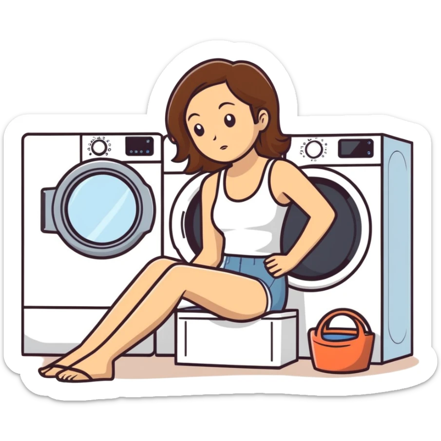 Caucasian woman with brown hair and huge boobs wearing a tank top lying on a washer and dryer sticker