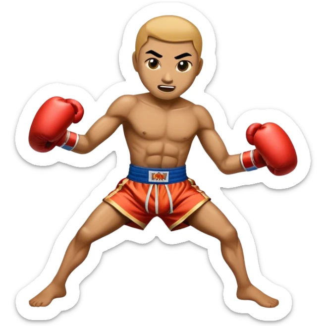 Cinematic Realistic Muay Thai Pop Culture Emoji, depicted with an action-packed portrayal of traditional Thai boxing rendered with bold textures and energetic, dramatic lighting. sticker