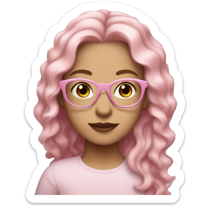 White girl with pastel pink long wavy hair and round pastel pink glasses and brown eyes sticker