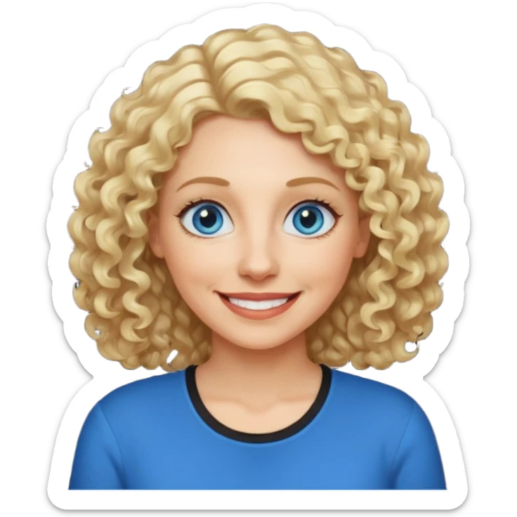 Middle aged woman with blonde curly shoulder-length hair, big blue eyes, wide smile, black shirt sticker