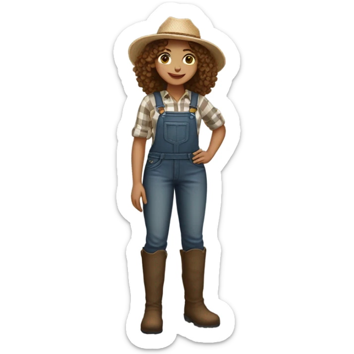 full body farmer girl standing, LIGHT skin tone, brown curly hair, dark eyes sticker