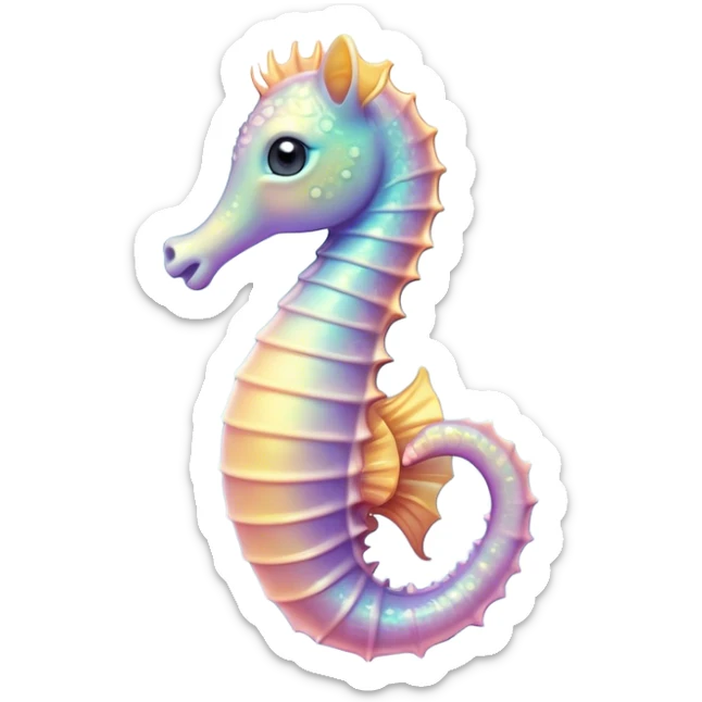 Cinematic Cute Sea Horse Portrait Emoji, Head tilted playfully and inquisitively, featuring a charming, petite seahorse with a softly curved body in pastel tones, a delicately coiled tail and round, sparkling eyes full of gentle wonder, Simplified yet irresistibly adorable features, highly detailed, glowing with a warm, inviting aquatic glow, high shine, affectionate and lively, stylized with a touch of enchanting marine charm, soft glowing outline, capturing the essence of a mischievous yet loving seahorse that seems as if it could float out of the screen into your arms! sticker