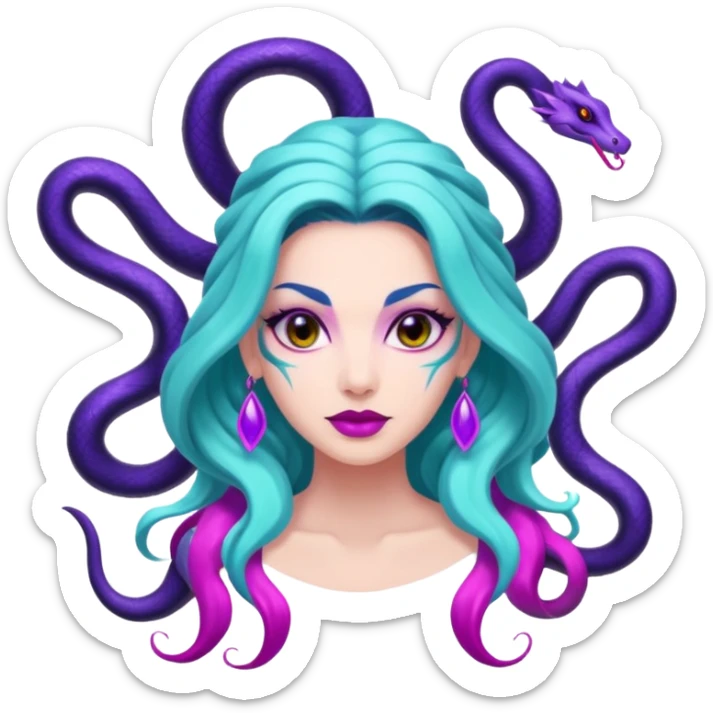 Beautiful Queen Hydra sea witch with seven snake heads, with the colors of cyan, hot pink, purple, white, and black sticker