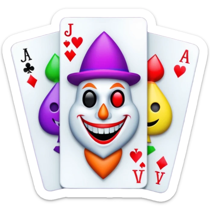 bunch of 3 poker cards, with crazy colorful jolly jokers inside, inversed face sticker