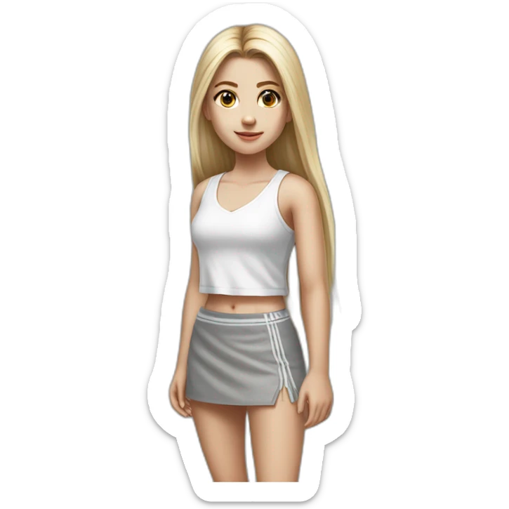 hyperrealist caucasian girl, long straight blonde hair, white v-neck laced crop tanktop, grey tight mini skirt, sneakers, facing camera sticker