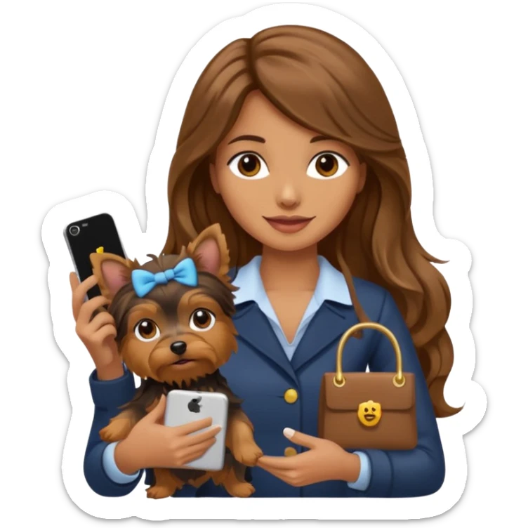 woman with long brown wavy hair, holding a Yorkshire Terrier and an iPhone, with a sale sign, emoji style sticker