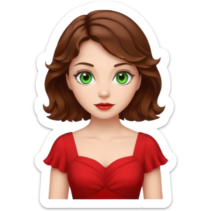 Green eyes,mi-short brown wavy hair,white skin tone,wearing red dress sticker