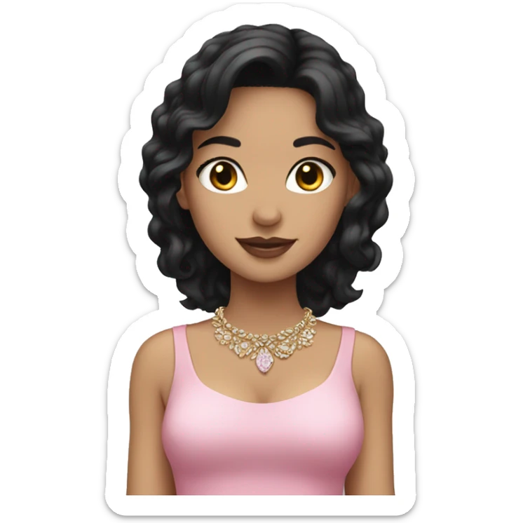 White girl with black hair wearing a pink dress with jewelry sticker
