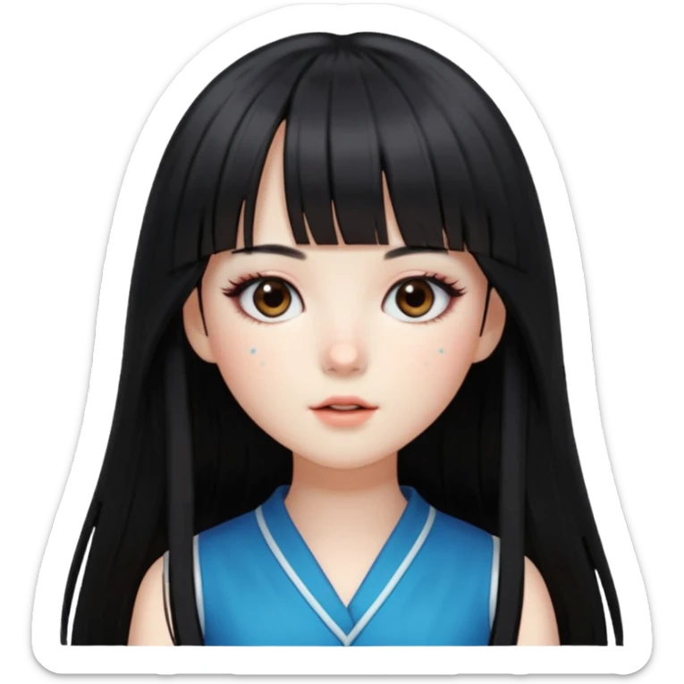 pale girl , who has silky straight extremely long black hair with bangs , chestnut monolid eyes , and doll like makeup , dressed like a kpop idol , has freckles sticker