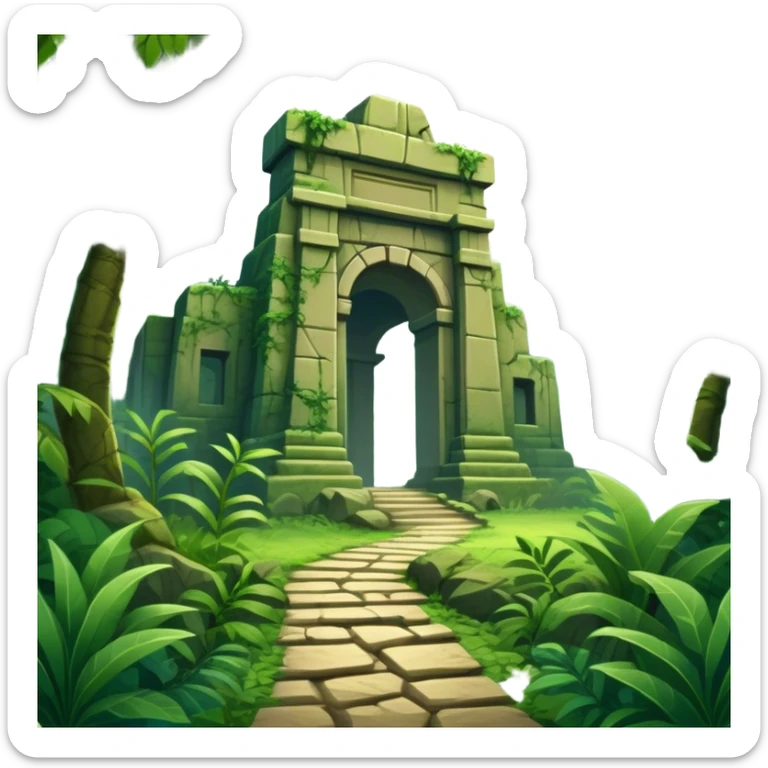 Icon for Adventure Movie: A vintage movie poster-style design with a jungle clearing path, dense foliage surrounding it. In the distance, ancient ruins peek through the trees. The atmosphere is mysterious and adventurous, with soft light cutting through the trees. Transparent background. sticker