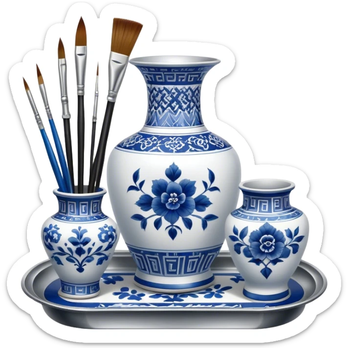Metal painting icon, a metal vase with intricate designs in Gzhel and Chinese embroidery styles, placed on a metal tray, with three paintbrushes beside it, minimalistic style, clean lines, transparent background. sticker