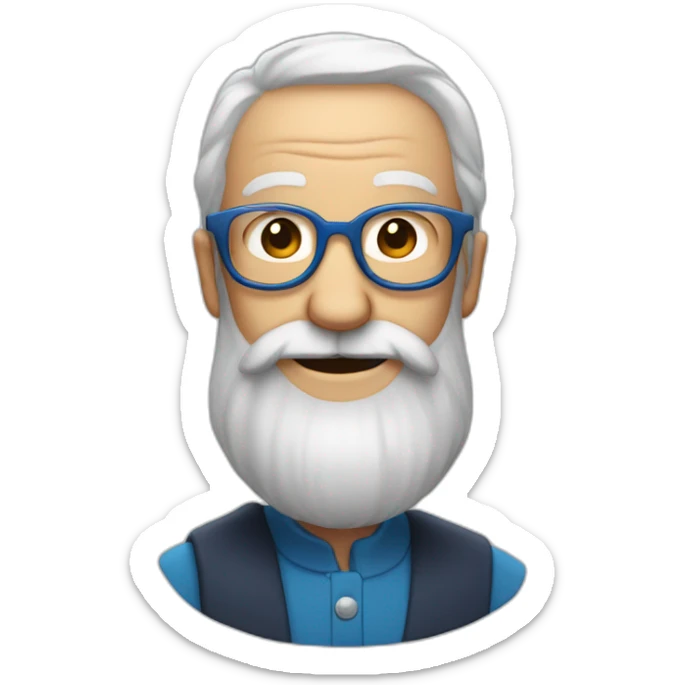 old man with red hair, blue glasses, long beard and moustache and a big smile sticker