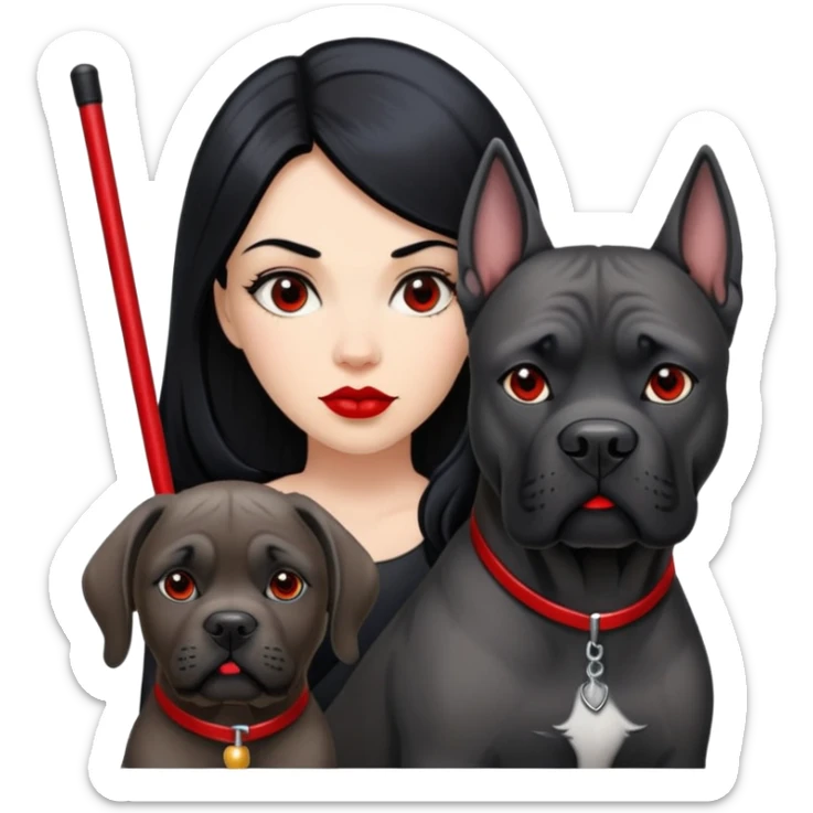 woman with long black hair and red lips next to a black Cane Corso dog with cropped ears and short tail sticker