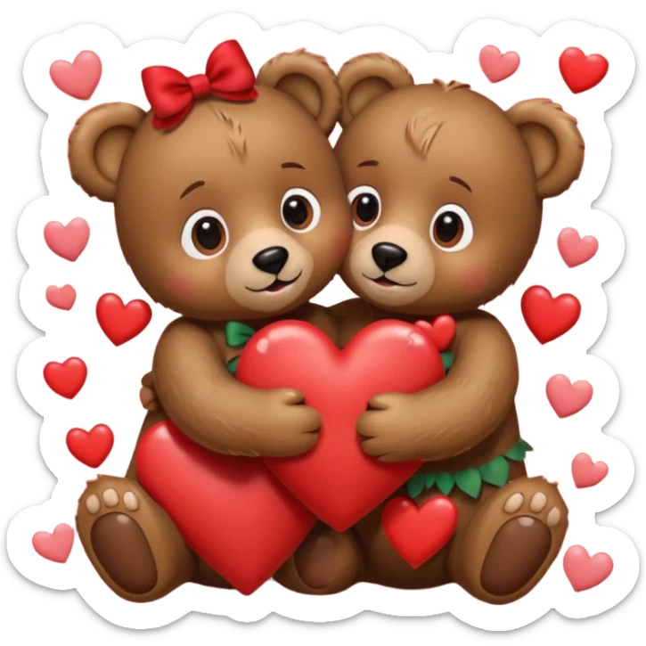 girl bear with bow and boy bear hugging, surrounded by hearts, playful and loving, cute sticker
