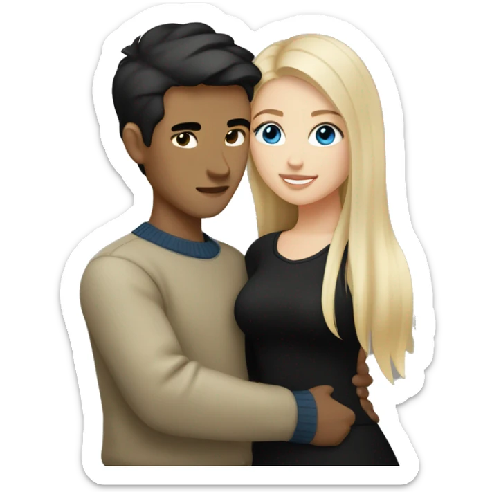 dark Blonde girl with blue eyes in black sweater and an east asian with light skin man with black hair and black eyes hugging sticker