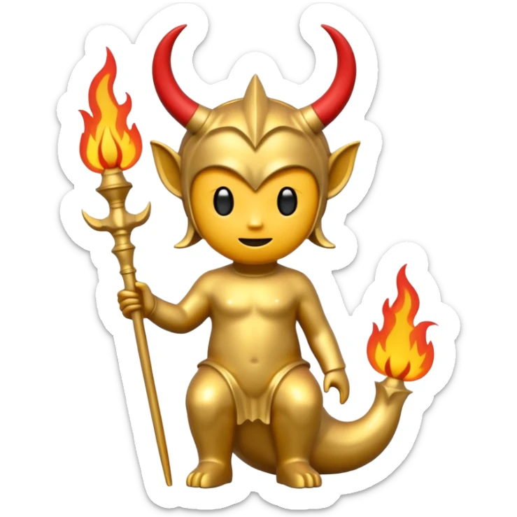 Minimalist emoji-style sticker of a full-body Oscar-like statue in gold color, with subtle devilish elements: small horns on the head, a pointed tail, and fire around the base. Flat design, thick lines, black, gold, and red color palette, silhouette style, centered on white square background. sticker