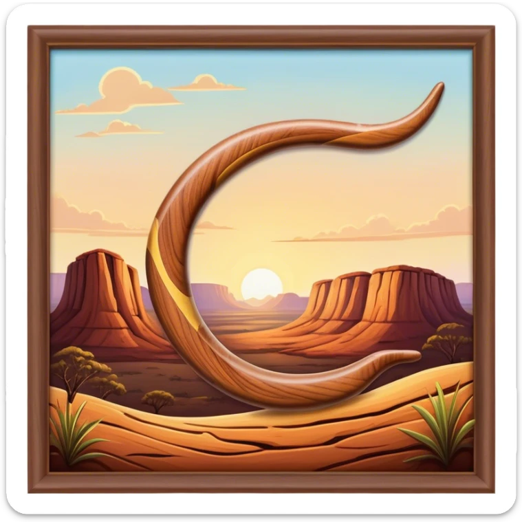 Cinematic Realistic image of a classic boomerang, rendered with detailed wood grain textures and vibrant colors, set against a sunlit outback landscape that emphasizes its iconic Australian heritage sticker
