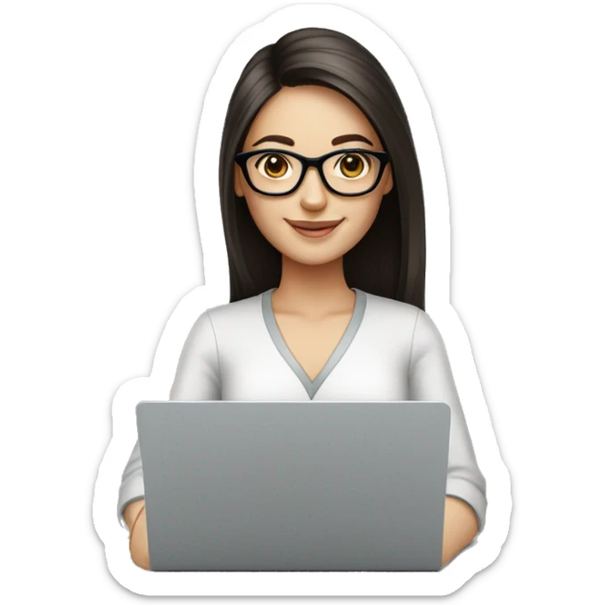 Dark straight hair, white girl with optical glasses and laptop smiling wide sticker