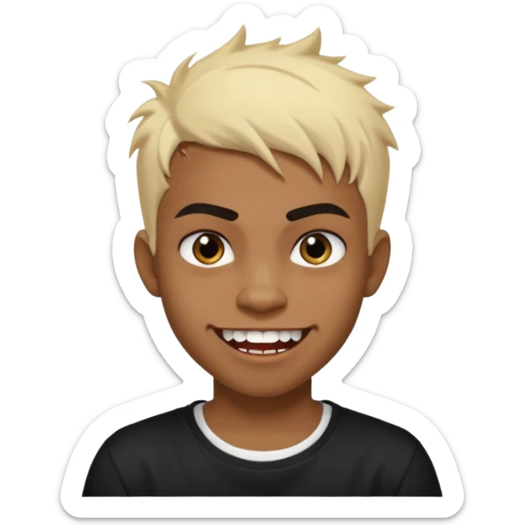 Black Male Teenager with Short punk messy blonde hair, Dark brown bushy eyebrows large expressive golden-brown eyes, wearing a plain white t-shirt, Dark Brown skin color. vampire tooth sticker