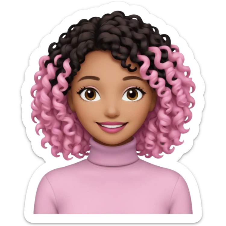 a woman with white long sleeve turtle neck top and smile, her hair is long curly and the color is black, her eyes color are black and the color of her lip is soft pink sticker