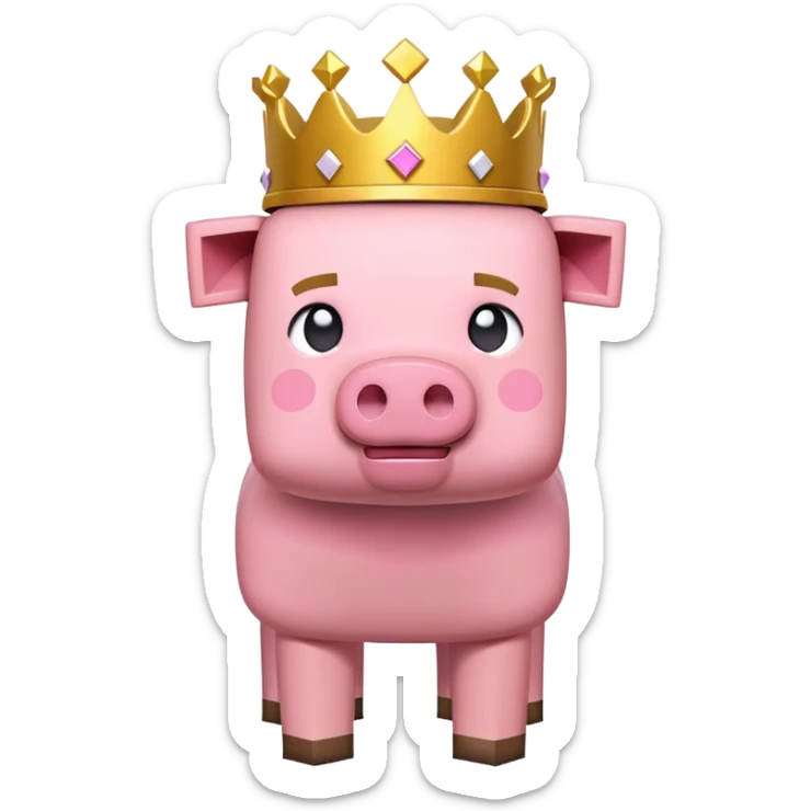 minecraft pig full body pink blocky animal square head square body wearing a crown sticker
