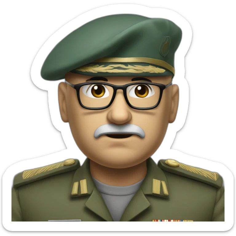 Realistic cyan beret bald very furious middle age general with glasses no hair furious very angry frown with khaki idf uniform sticker