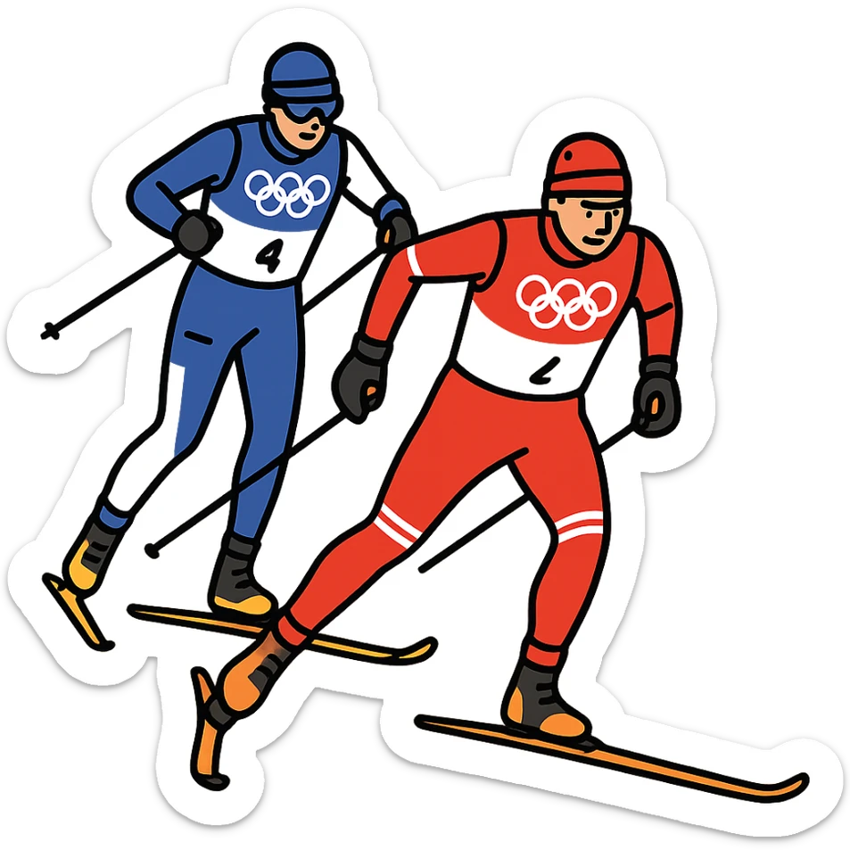 Create a vector style illustration of a sportsman skier running on cross-country skis using the skate technique. Match the pose and clothing from the reference photo. Include clean outlines, shadows, and highlights to emphasize dynamic movement. The background should be transparent. sticker