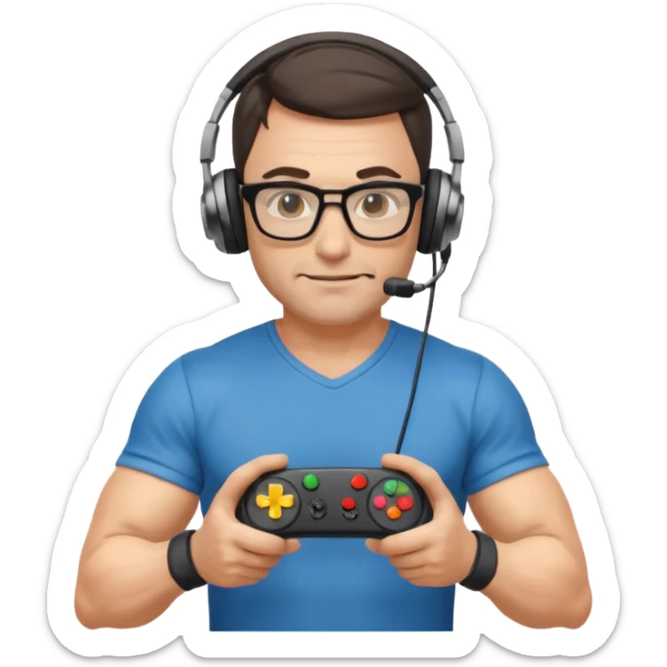 
gamer, Very fit muscular 40-year-old with youthful looks glasses, headphone, gamepad sticker