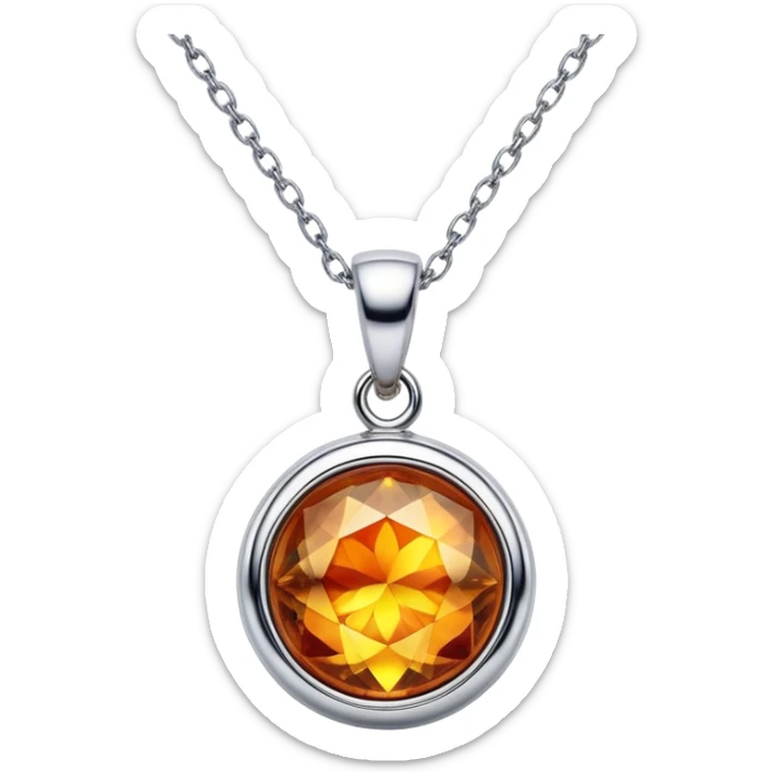 extreme close up of a round cut holographic amber charm with silver metal accent and delicate chain sticker