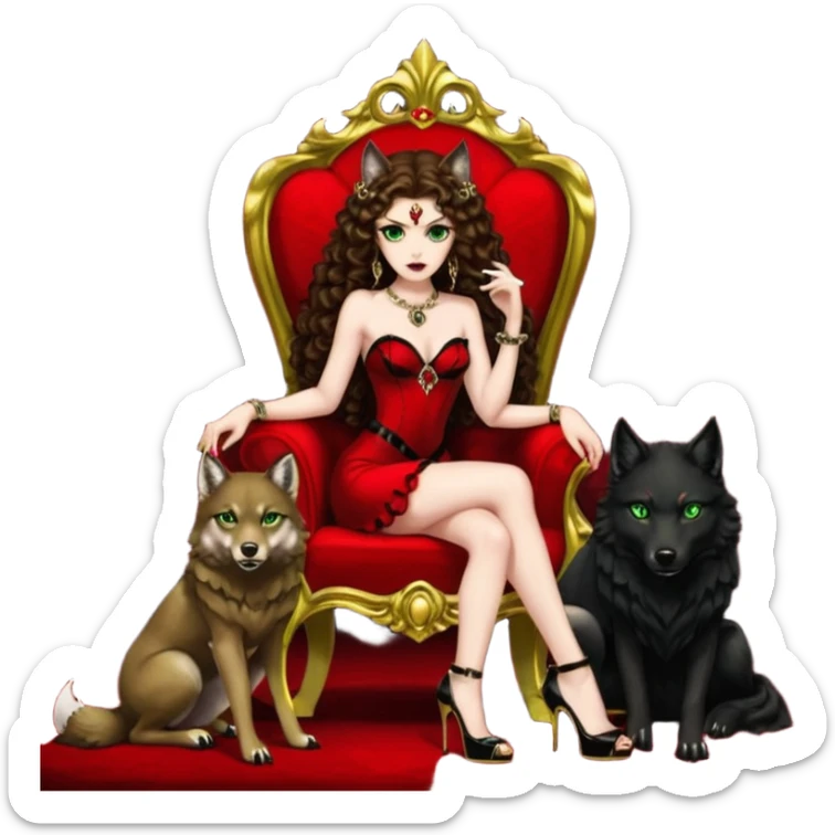 Lilith green eyes, symbol seductress evil brown curly long hair haired, sexy succubus woman with red and black Chanel dress on. A red and black stiletto platform high heel shoes on. sitting on a Black and gold throne. A large black fur wolf sitting beside her. Red rubies surround them both sticker