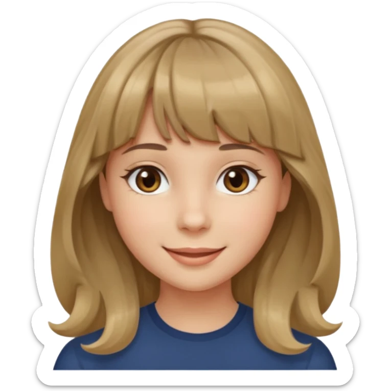 A girl with wavy, dark blonde hair, straight bangs, and straight eyes. She is smiling. sticker