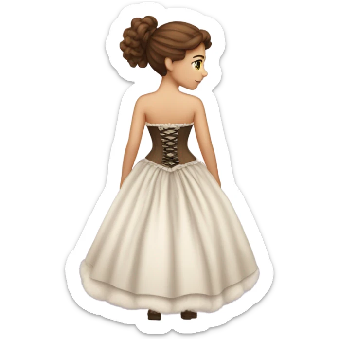 a light girl with brown hair standing with her back tied an old corset on a fluffy dress sticker