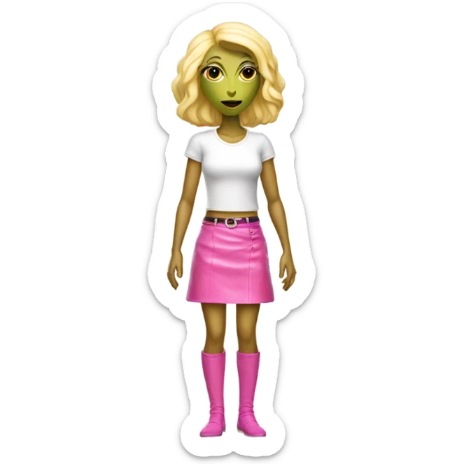 reptilian alien woman, blonde, in pink leather mini skirt, full body sticker