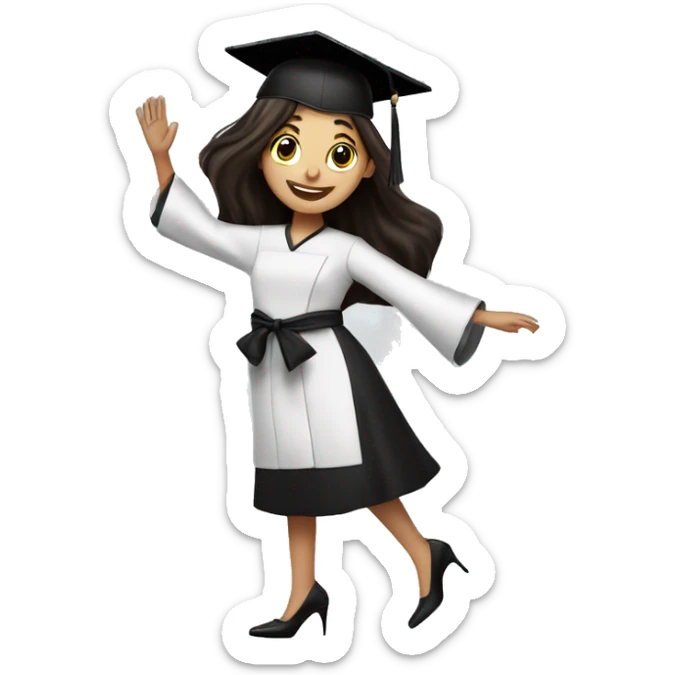 Girl with long dark brown hair, long eyelashes, wearing black high heels, dancing celebrating graduation from cooking school sticker
