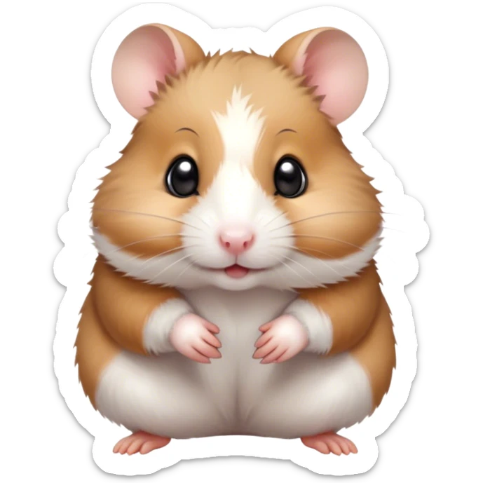 Cinematic Cute Brown and White Banded Hamster Portrait Emoji, Head tilted playfully and inquisitively, showcasing a fluffy coat with playful brown and white banded patterns, round, sparkling dark eyes filled with curiosity, Simplified yet irresistibly adorable features, highly detailed, glowing with a warm, friendly glow, high shine, affectionate and lively, stylized with a touch of whimsy, bright and endearing, soft glowing outline, capturing the essence of a mischievous yet loving hamster, so playful it feels like it could dash out of the screen and into your arms! sticker