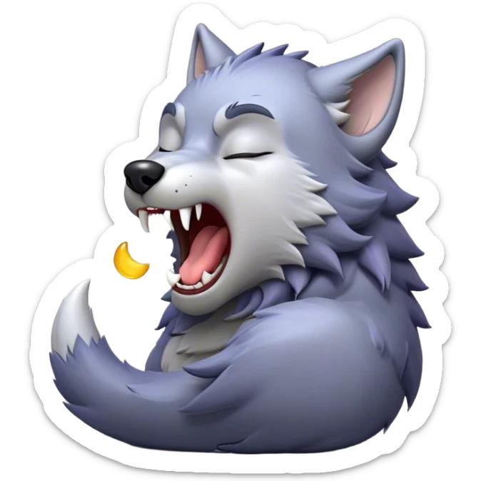 Cinematic Cute Yawning Werewolf Portrait Emoji, with a cuddly, miniature lupine form in soft moonlit grays and silvers, head leaning back in a big, adorable yawn that reveals a few fuzzy teeth, simplified yet irresistibly charming, highly detailed with a soft glowing outline that captures the drowsy, playful essence of a werewolf mid-nap! sticker
